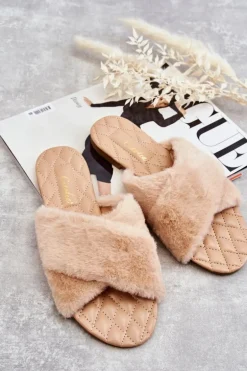 Damskie Klapki Na Płaskim Obcasie Z Futerkiem Nude Lussie