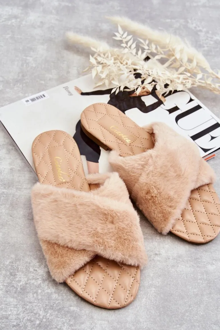 Damskie Klapki Na Płaskim Obcasie Z Futerkiem Nude Lussie