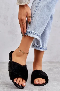 Damskie Klapki Na Płaskim Obcasie Z Futerkiem Czarne Lussie