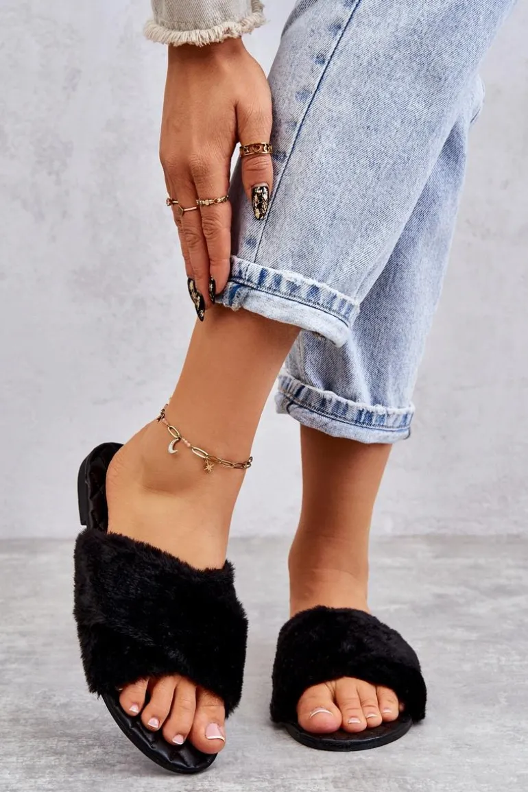 Damskie Klapki Na Płaskim Obcasie Z Futerkiem Czarne Lussie