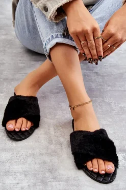Damskie Klapki Na Płaskim Obcasie Z Futerkiem Czarne Lussie