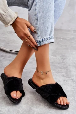 Damskie Klapki Na Płaskim Obcasie Z Futerkiem Czarne Lussie
