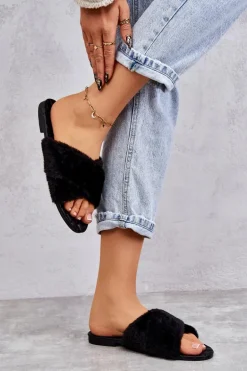 Damskie Klapki Na Płaskim Obcasie Z Futerkiem Czarne Lussie