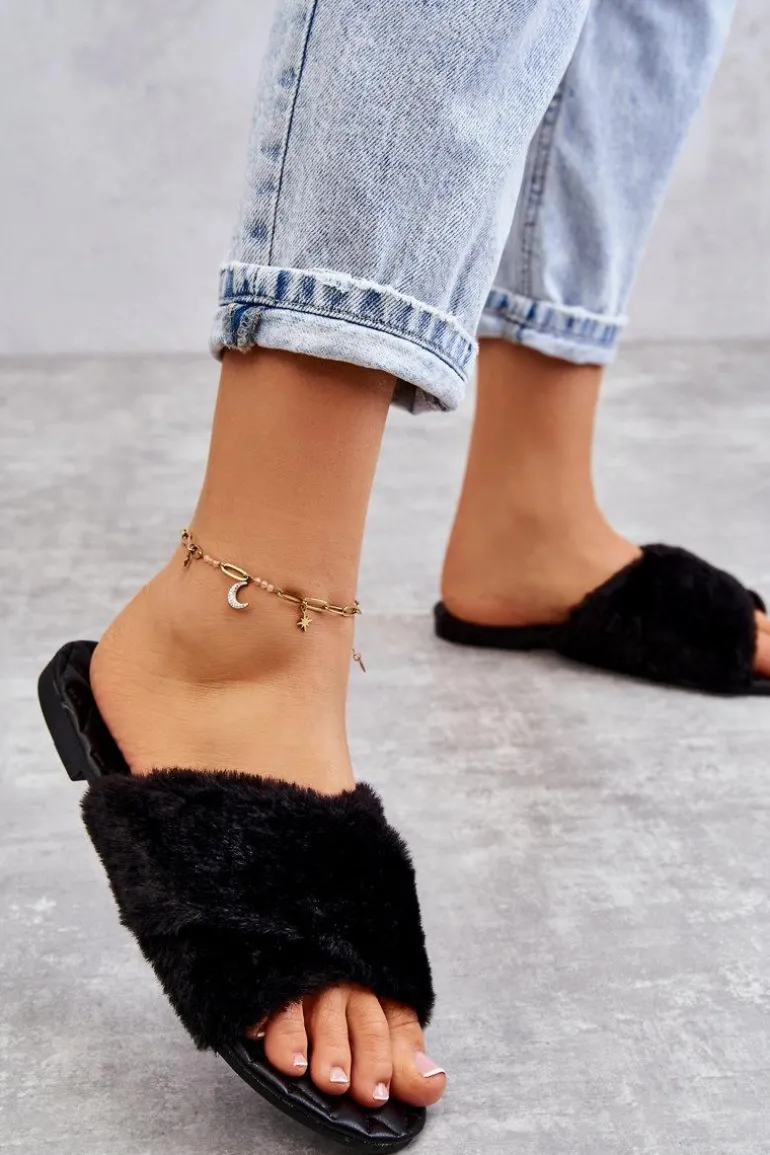 Damskie Klapki Na Płaskim Obcasie Z Futerkiem Czarne Lussie