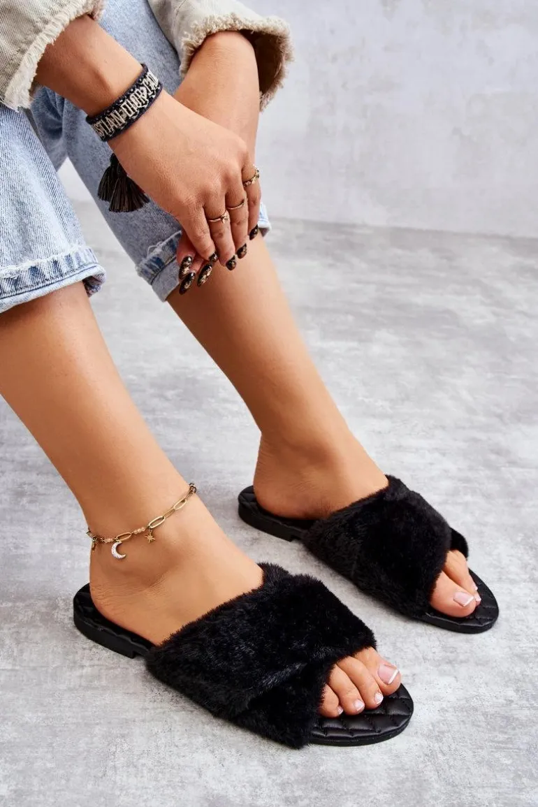 Damskie Klapki Na Płaskim Obcasie Z Futerkiem Czarne Lussie