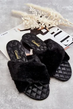 Damskie Klapki Na Płaskim Obcasie Z Futerkiem Czarne Lussie