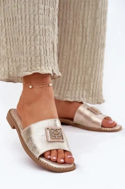 Damskie Klapki Na Płaskim Obcasie Z Ozdobą S.Barski KV51-089 Złote