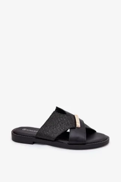 Damskie Klapki Na Płaskim Obcasie Z Ozdobnym Detalem Vinceza 17385 Czarne