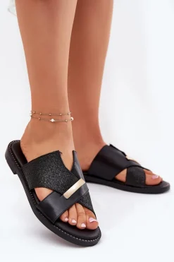 Damskie Klapki Na Płaskim Obcasie Z Ozdobnym Detalem Vinceza 17385 Czarne