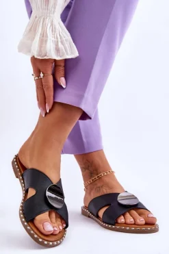 Damskie Klapki Na Płaskim Obcasie Czarne Kenley