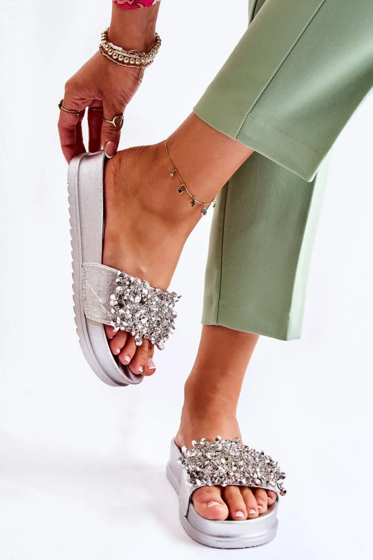 Damskie Klapki Na Platformie Z Ozdobami Srebrne Almina
