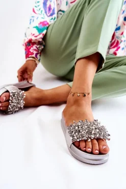 Damskie Klapki Na Platformie Z Ozdobami Srebrne Almina