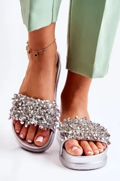 Damskie Klapki Na Platformie Z Ozdobami Srebrne Almina