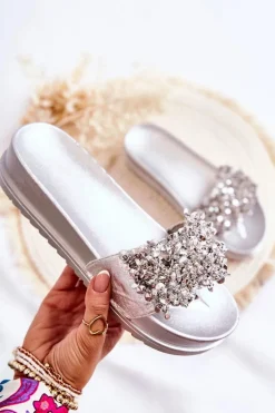 Damskie Klapki Na Platformie Z Ozdobami Srebrne Almina