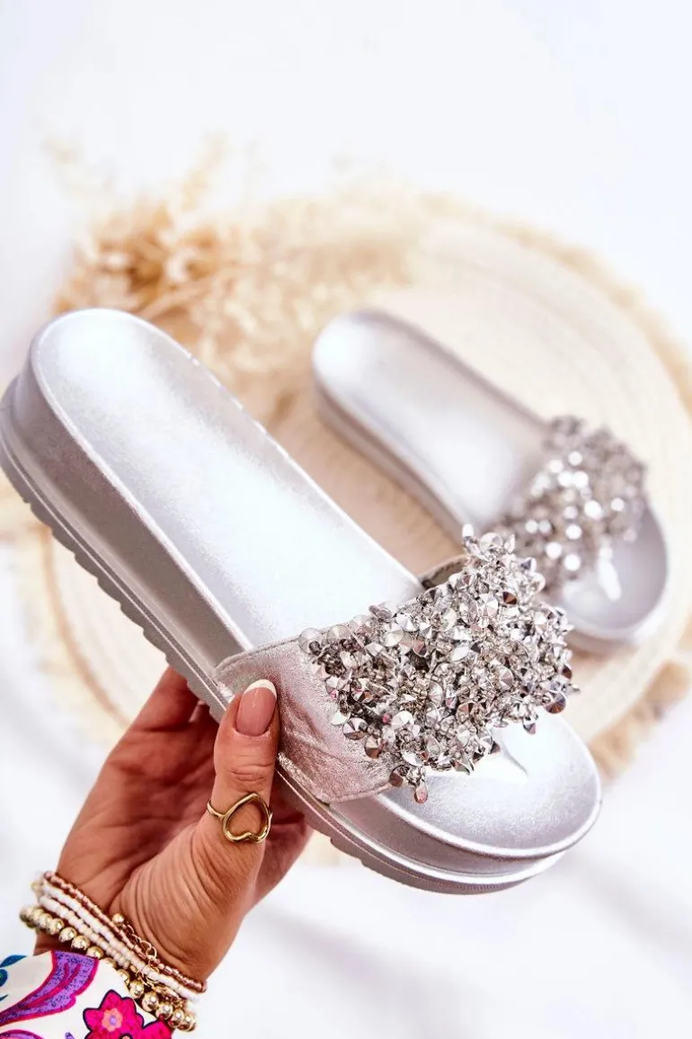 Damskie Klapki Na Platformie Z Ozdobami Srebrne Almina