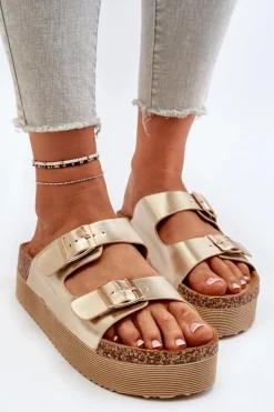 Damskie Klapki Na Platformie Z Klamrami Złote Lolpey