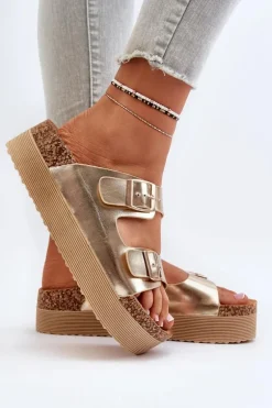 Damskie Klapki Na Platformie Z Klamrami Złote Lolpey