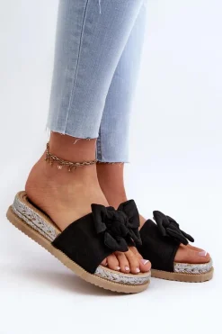 Damskie Klapki Na Platformie Z Kokardą Czarne Aflia