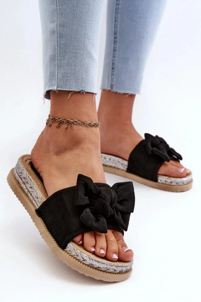 Damskie Klapki Na Platformie Z Kokardą Czarne Aflia