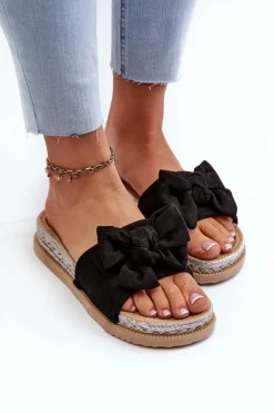 Damskie Klapki Na Platformie Z Kokardą Czarne Aflia