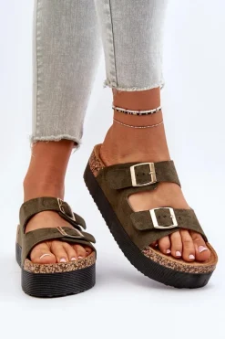 Damskie Klapki Na Platformie Z Klamrami Zielone Lolpey