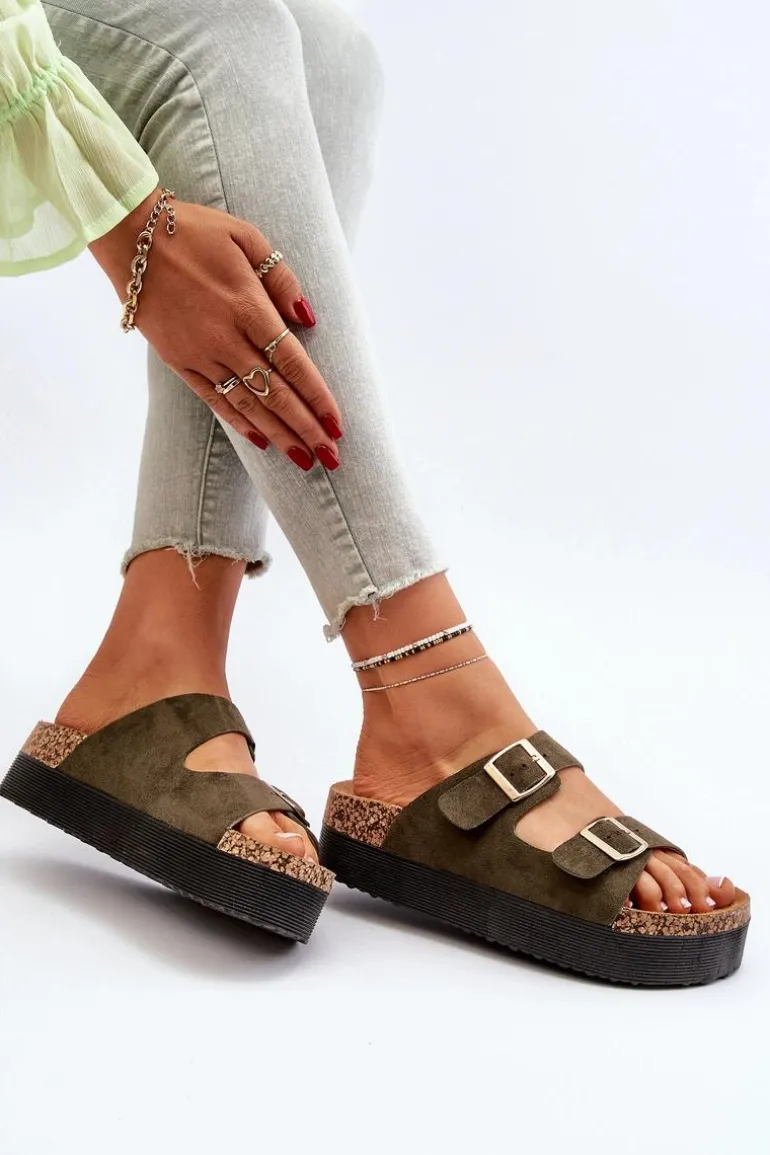 Damskie Klapki Na Platformie Z Klamrami Zielone Lolpey