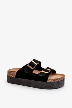 Damskie Klapki Na Platformie Z Klamrami Czarne Lolpey