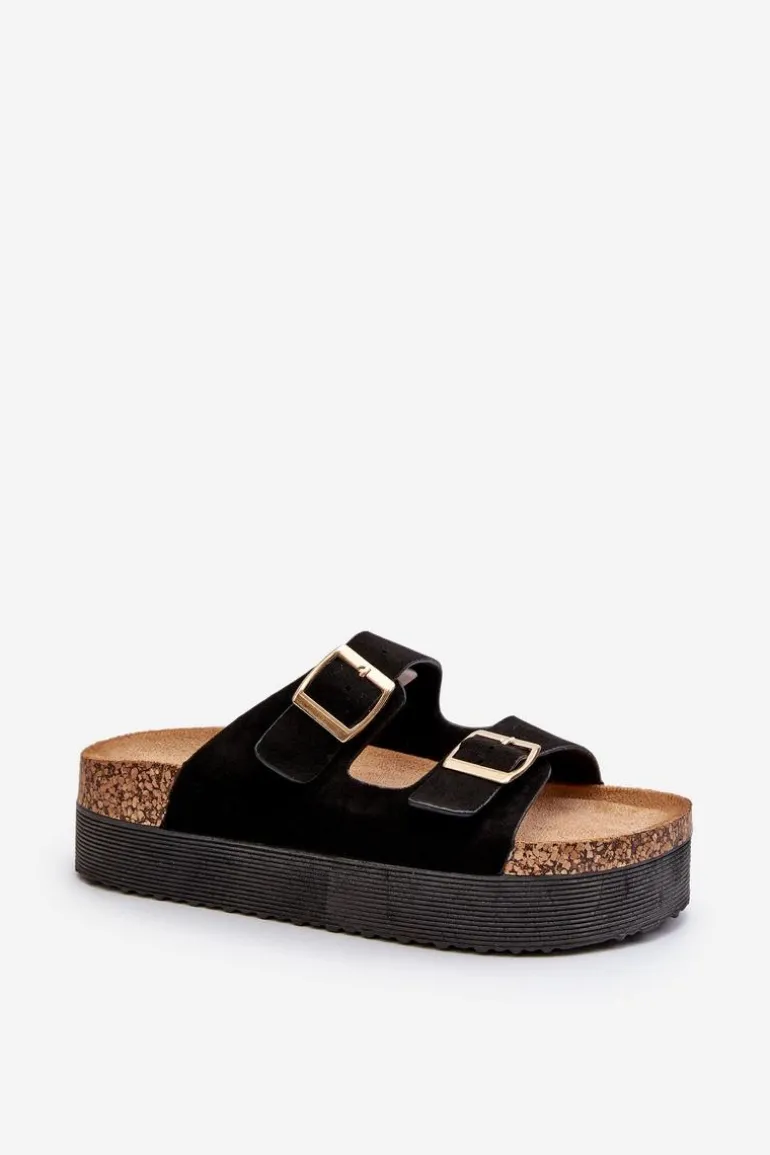 Damskie Klapki Na Platformie Z Klamrami Czarne Lolpey