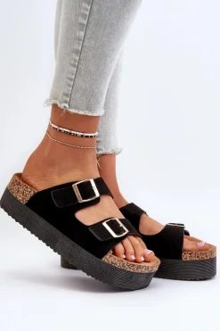 Damskie Klapki Na Platformie Z Klamrami Czarne Lolpey