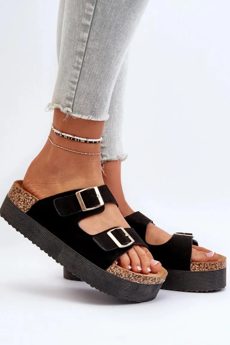 Damskie Klapki Na Platformie Z Klamrami Czarne Lolpey