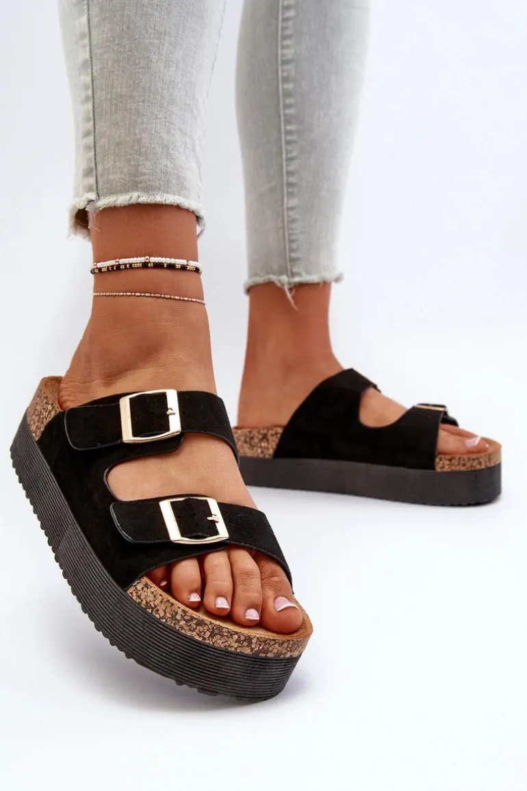 Damskie Klapki Na Platformie Z Klamrami Czarne Lolpey