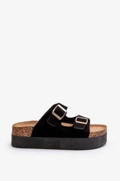 Damskie Klapki Na Platformie Z Klamrami Czarne Lolpey