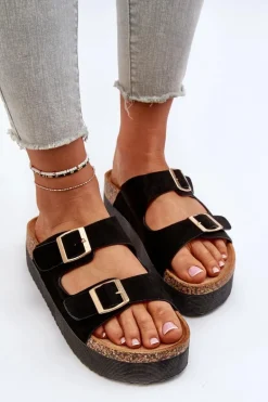 Damskie Klapki Na Platformie Z Klamrami Czarne Lolpey