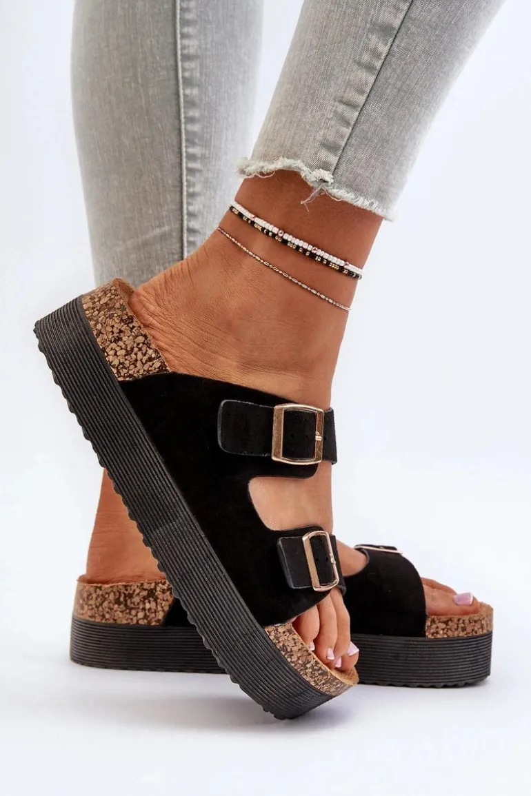 Damskie Klapki Na Platformie Z Klamrami Czarne Lolpey