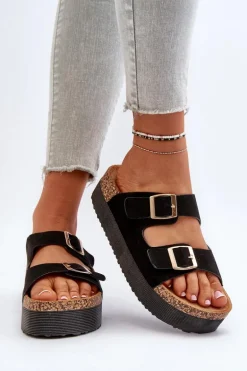 Damskie Klapki Na Platformie Z Klamrami Czarne Lolpey