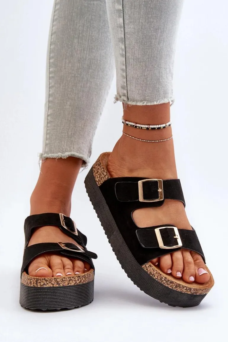 Damskie Klapki Na Platformie Z Klamrami Czarne Lolpey