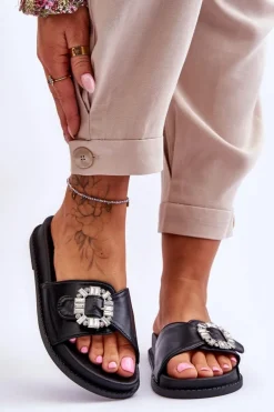 Damskie Klapki Na Platformie Z Ozdobą Czarne Beneca