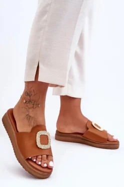 Damskie Klapki Na Platformie Z Ozdobą Brązowe Denicia