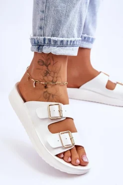 Damskie Klapki Na Platformie Z Paskami Białe Clever