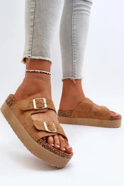 Damskie Klapki Na Platformie Z Klamrami Camel Lolpey