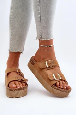 Damskie Klapki Na Platformie Z Klamrami Camel Lolpey