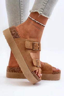 Damskie Klapki Na Platformie Z Klamrami Camel Lolpey