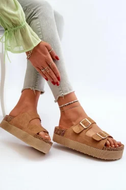 Damskie Klapki Na Platformie Z Klamrami Camel Lolpey