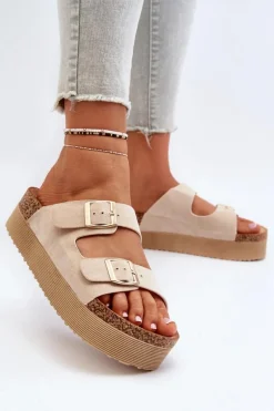 Damskie Klapki Na Platformie Z Klamrami Beżowe Lolpey