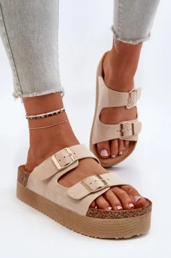Damskie Klapki Na Platformie Z Klamrami Beżowe Lolpey