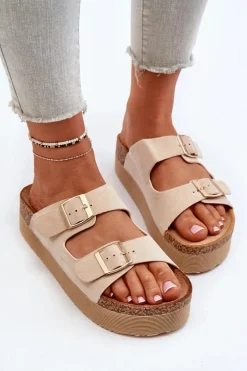 Damskie Klapki Na Platformie Z Klamrami Beżowe Lolpey