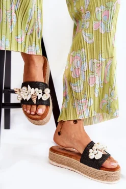 Damskie Klapki Na Platformie Z Muszelkami Czarne Tolia