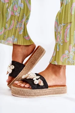 Damskie Klapki Na Platformie Z Muszelkami Czarne Tolia