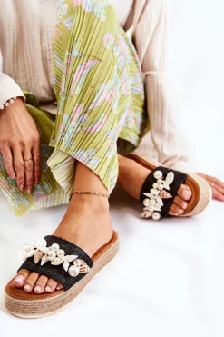 Damskie Klapki Na Platformie Z Muszelkami Czarne Tolia