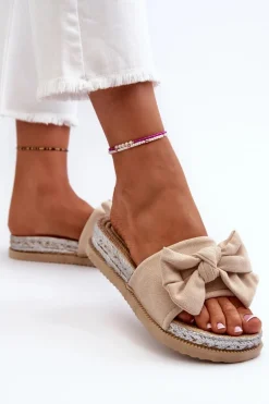 Damskie Klapki Na Platformie Z Kokardą Beżowe Aflia